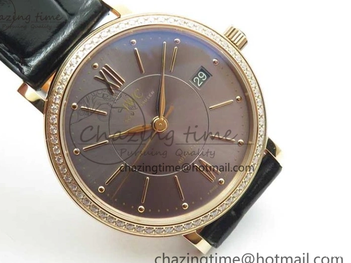 MIROTIME 0522 Durable Portofino 37mm RG V7F 1:1 Best Edition Gray Dial Diamonds Bezel on Black Leather Strap A 7089
